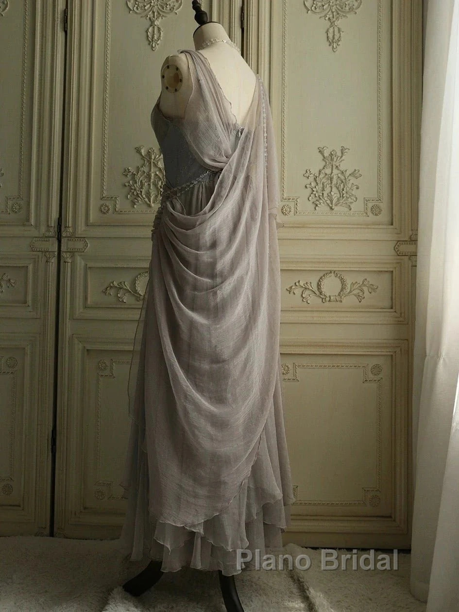 Chiffon Spaghetti Straps Transparent Beads Sweetheart Neck Grey Long Formal Prom Dresses