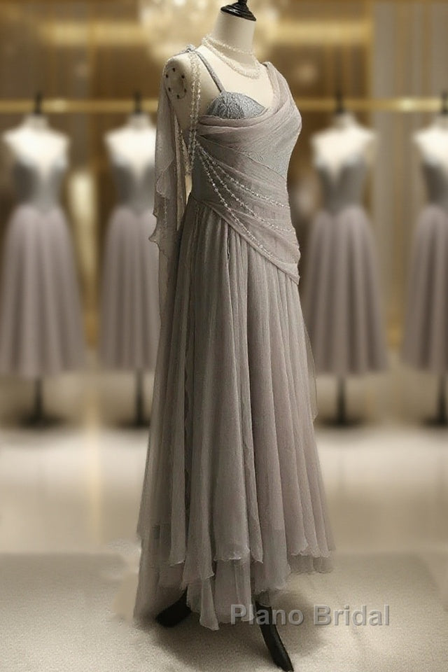 Chiffon Spaghetti Straps Transparent Beads Sweetheart Neck Grey Long Formal Prom Dresses Main image