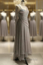 Chiffon Spaghetti Straps Transparent Beads Sweetheart Neck Grey Long Formal Prom Dresses