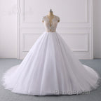 Classic Cap sleeves V neck White Ball Gown Lace Wedding Dress