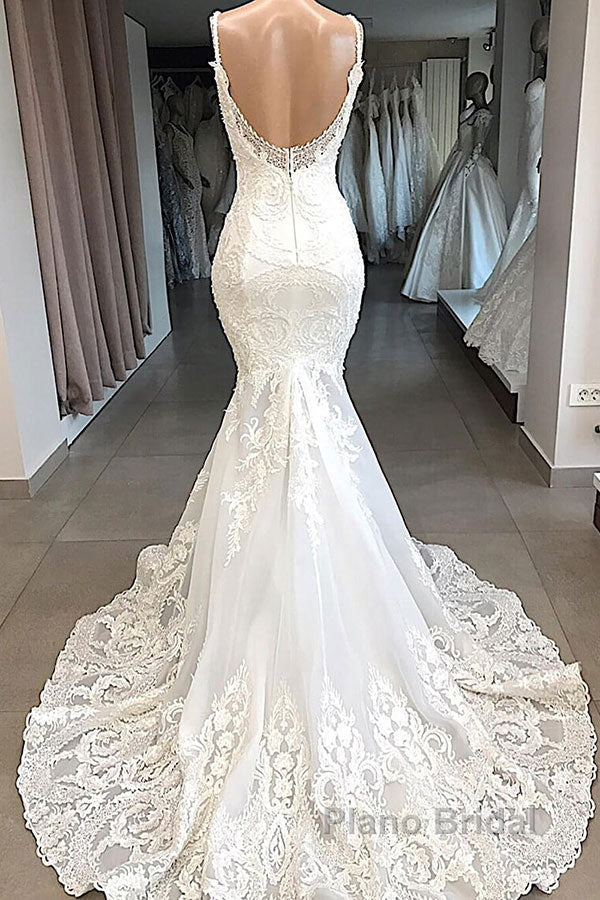 Classic Spaghetti Strap V neck White Sleeveless Mermaid Open Back Wedding Dress with Chapel Train Secondary image