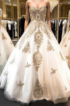 Classic Sweetheart Gold Lace Wedding Dresses Sparkly Ball Gown Bridal Dress