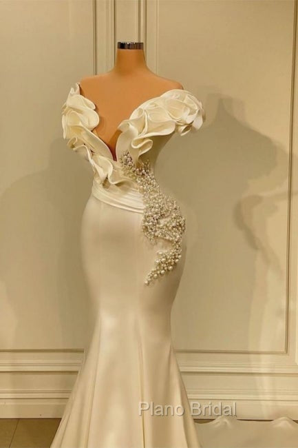 Classic White Long Pearl Ruffle Formal Prom Dresses Secondary image