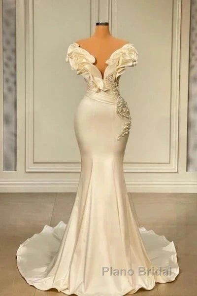 Classic White Mermaid V-Neck Satin Pearl Ruffle Long Formal Prom Dresses Elegant Evening Dresses