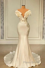 Classic White Mermaid V-Neck Satin Pearl Ruffle Long Formal Prom Dresses Elegant Evening Dresses