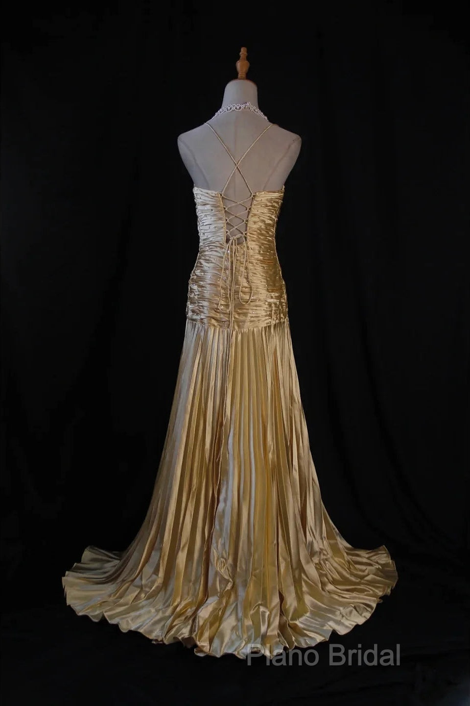 Classy A Line Halter Gold Satin Beads Long Formal Dresses Formal Prom Dresses Secondary image