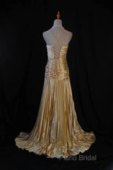 Classy A Line Halter Gold Satin Beads Long Formal Dresses Formal Prom Dresses