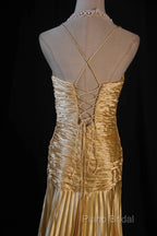 Classy A Line Halter Gold Satin Beads Long Formal Dresses Formal Prom Dresses