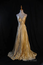 Classy A Line Halter Gold Satin Beads Long Formal Dresses Formal Prom Dresses