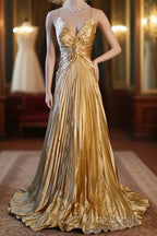 Classy A Line Halter Gold Satin Beads Long Formal Dresses Formal Prom Dresses