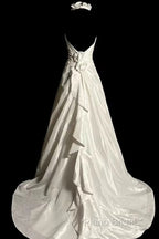 Classy A Line Halter Satin Ivory Long Wedding Dresses Bridal Dresses