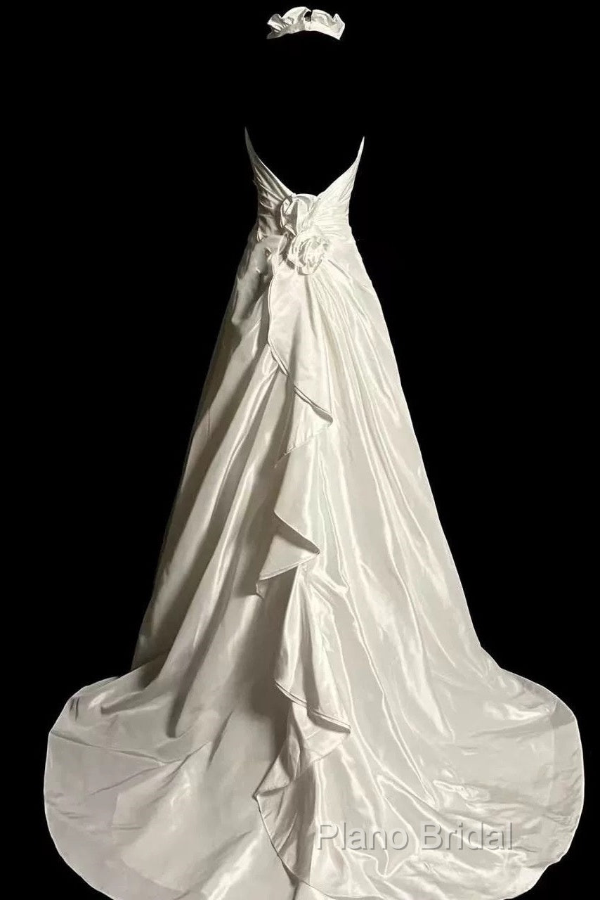 Classy A Line Halter Satin Ivory Long Wedding Dresses Bridal Dresses