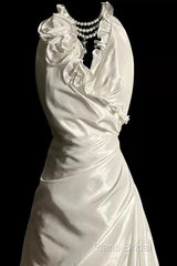 Classy A Line Halter Satin Ivory Long Wedding Dresses Bridal Dresses