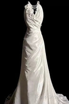 Classy A Line Halter Satin Ivory Long Wedding Dresses Bridal Dresses