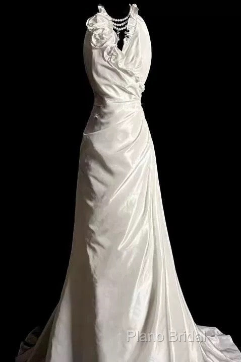 Classy A Line Halter Satin Ivory Long Wedding Dresses Bridal Dresses