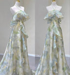 Classy A Line Off The Shoulder Halter Green Floral Long Party Dresses Formal Prom Dresses