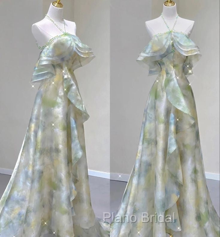 Classy A Line Off The Shoulder Halter Green Floral Long Party Dresses Formal Prom Dresses