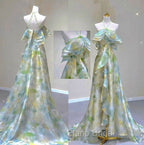 Classy A Line Off The Shoulder Halter Green Floral Long Party Dresses Formal Prom Dresses