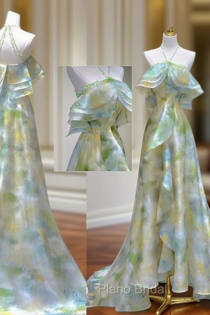 Classy A Line Off The Shoulder Halter Green Floral Long Party Dresses Formal Prom Dresses