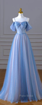 Classy A Line Spaghetti Straps Long Party Dresses Blue Formal Prom Dresses