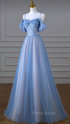 Classy A Line Spaghetti Straps Long Party Dresses Blue Formal Prom Dresses