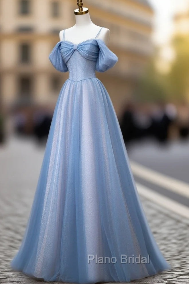 Classy A Line Spaghetti Straps Long Party Dresses Blue Formal Prom Dresses