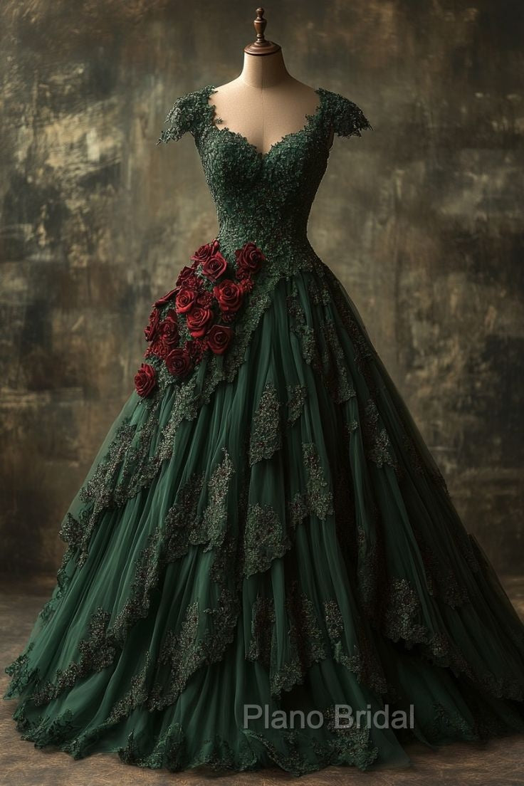Classy Ball Gown Short Sleeves Dark Green Lace Long Party Dresses Satin Formal Prom Dresses Secondary image