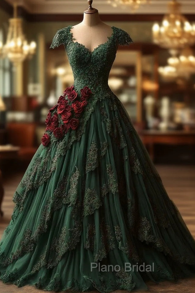 Classy Ball Gown Short Sleeves Dark Green Lace Long Party Dresses Satin Formal Prom Dresses Main image