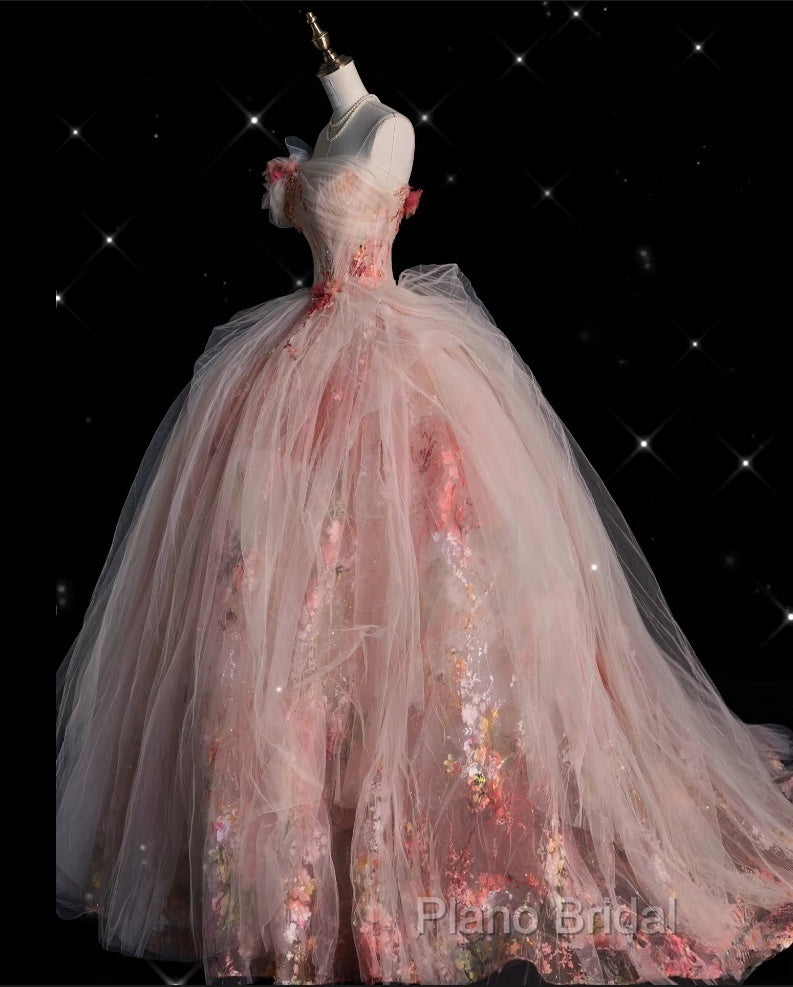 Classy Ball Gown Sweetheart Pink Floral Tulle Long Formal Dresses Formal Prom Dresses