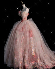 Classy Ball Gown Sweetheart Pink Floral Tulle Long Formal Dresses Formal Prom Dresses