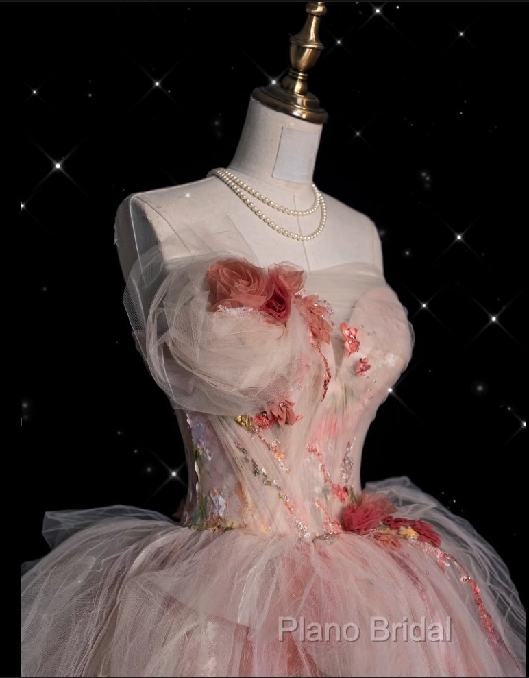 Classy Ball Gown Sweetheart Pink Floral Tulle Long Formal Dresses Formal Prom Dresses