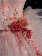 Classy Ball Gown Sweetheart Pink Floral Tulle Long Formal Dresses Formal Prom Dresses