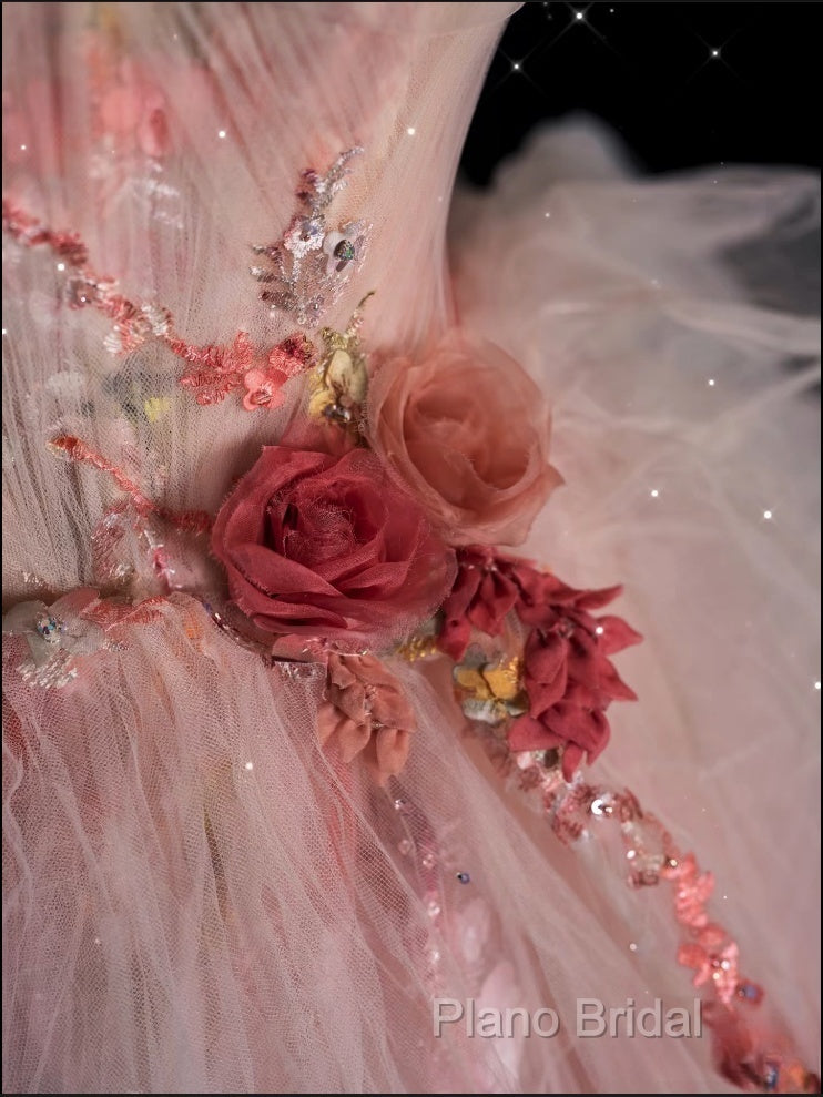 Classy Ball Gown Sweetheart Pink Floral Tulle Long Formal Dresses Formal Prom Dresses