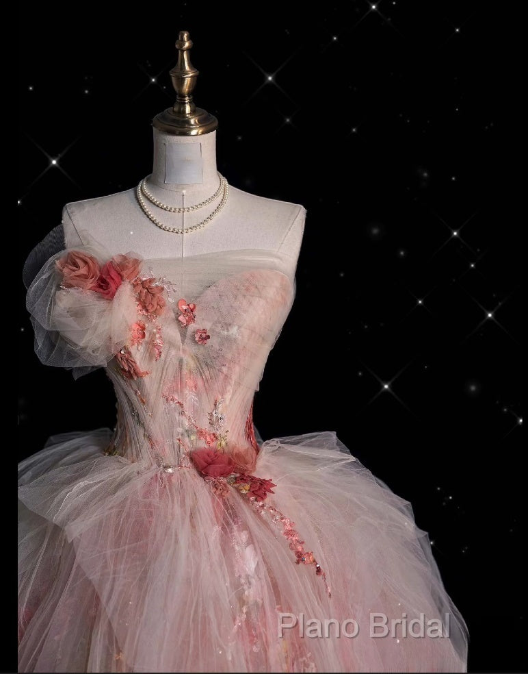 Classy Ball Gown Sweetheart Pink Floral Tulle Long Formal Dresses Formal Prom Dresses