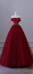 Classy Balll Gown Strapless Red Tulle Long Formal Dresses Formal Prom Dresses