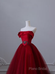 Classy Balll Gown Strapless Red Tulle Long Formal Dresses Formal Prom Dresses
