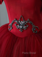 Classy Balll Gown Strapless Red Tulle Long Formal Dresses Formal Prom Dresses