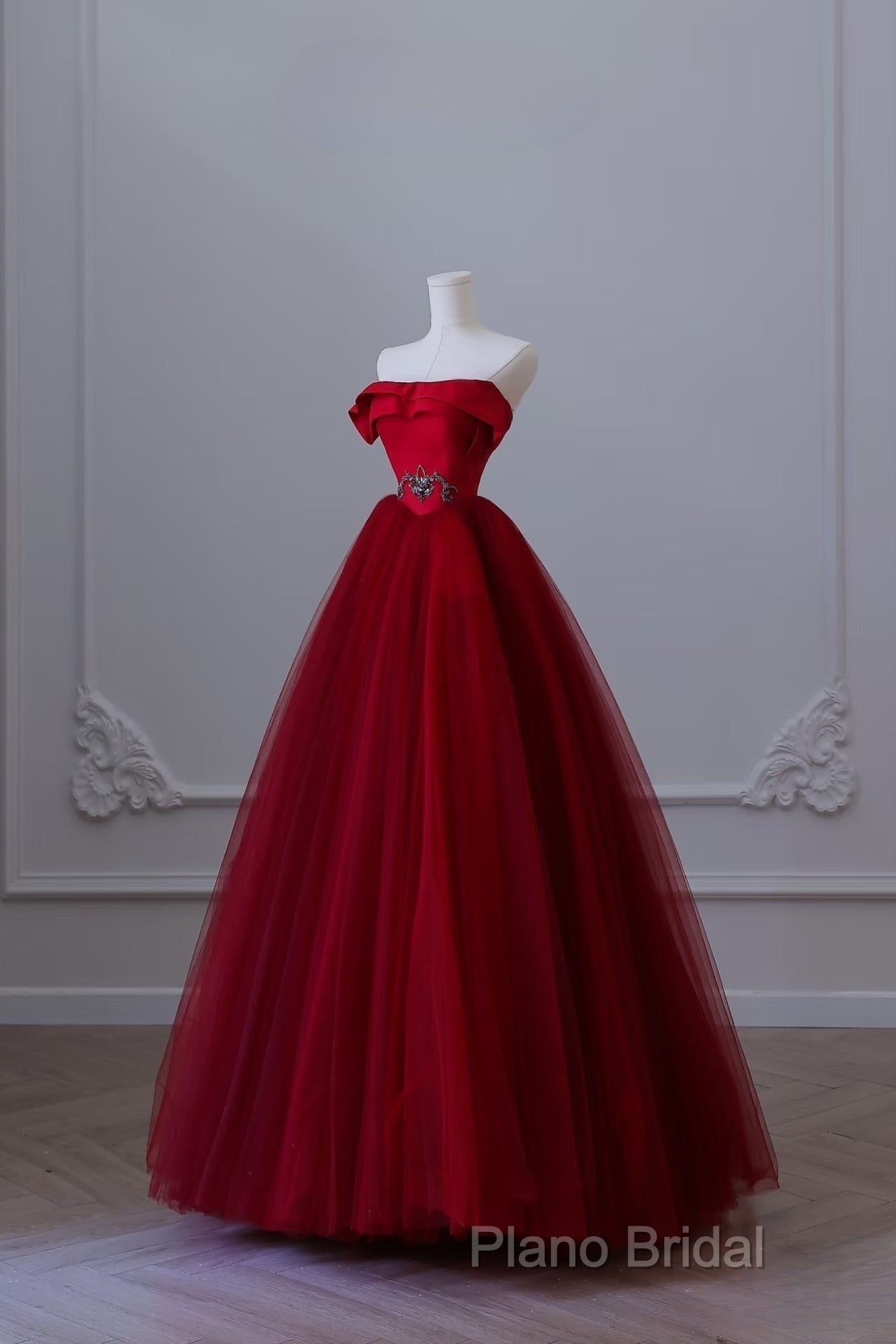 Classy Balll Gown Strapless Red Tulle Long Formal Dresses Formal Prom Dresses