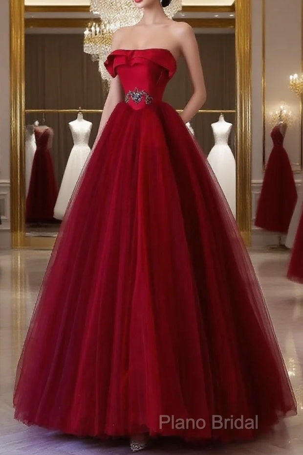 Classy Balll Gown Strapless Red Tulle Long Formal Dresses Formal Prom Dresses Main image