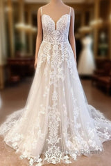 Classy Long A-Line Tulle Spaghetti Straps Appliques Lace Backless Wedding Dress