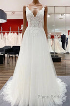 Classy Long A-line Tulle V Neck Sleeveless Lace Wedding Dress