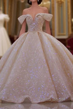Classy Long Off the Shoulder Sequin Beading Satin Ball Gown Wedding Dress