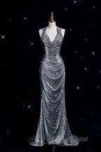 Classy Mermaid Halter Silver Sequin Long Evening Dresses Sexy Formal Prom Dresses