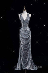 Classy Mermaid Halter Silver Sequin Long Evening Dresses Sexy Formal Prom Dresses