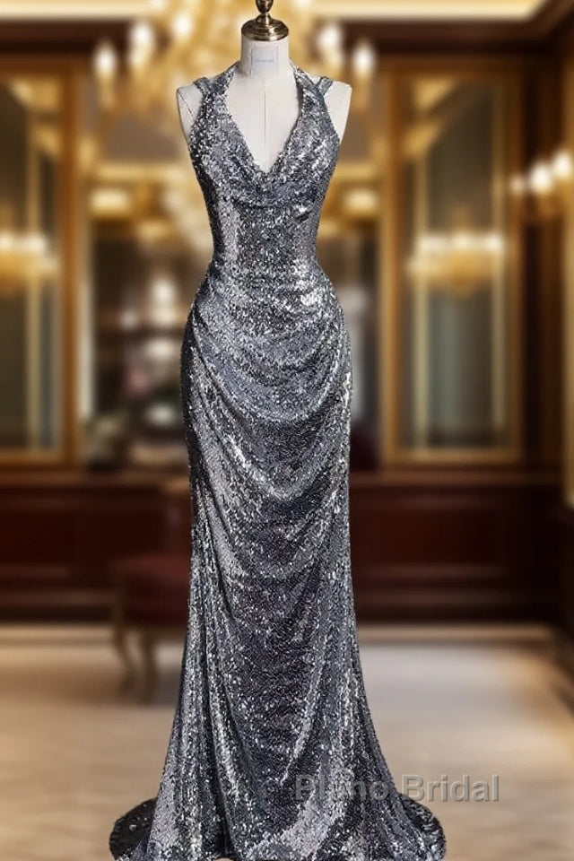 Classy Mermaid Halter Silver Sequin Long Evening Dresses Sexy Formal Prom Dresses Main image