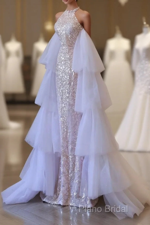 Classy Mermaid High Neckline Sequin Ruffles Long Formal Dresses Formal Prom Dresses Main image