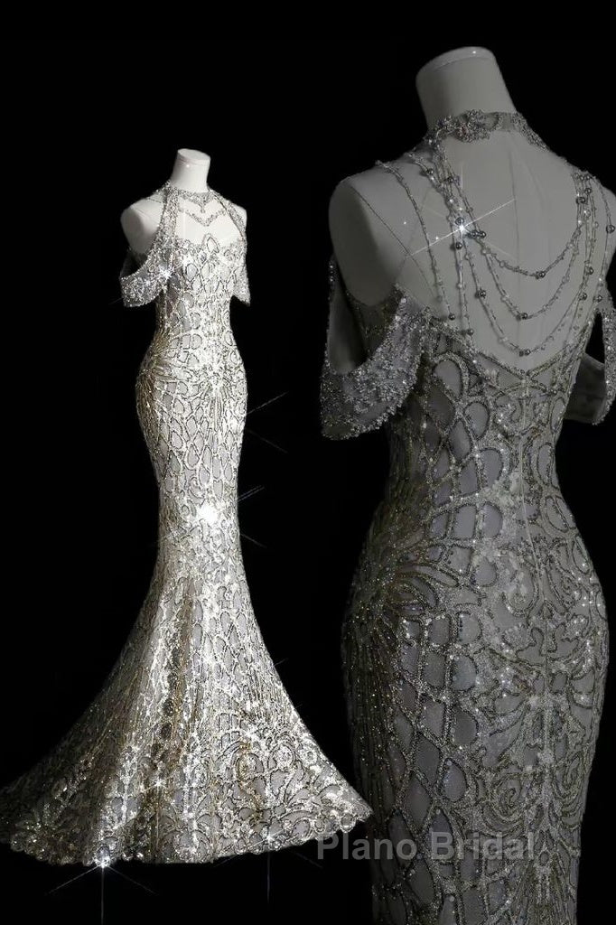 Classy Mermaid Off The Shoulder Silver Sequin Long Party Dresses Formal Prom Dresses