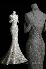 Classy Mermaid Off The Shoulder Silver Sequin Long Party Dresses Formal Prom Dresses