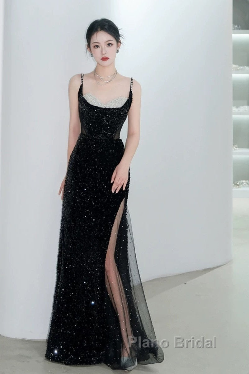 Classy Mermaid Spaghetti Straps Black Sequin Slit Long Evening Gowns Formal Prom Dresses