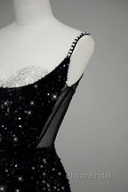 Classy Mermaid Spaghetti Straps Black Sequin Slit Long Evening Gowns Formal Prom Dresses